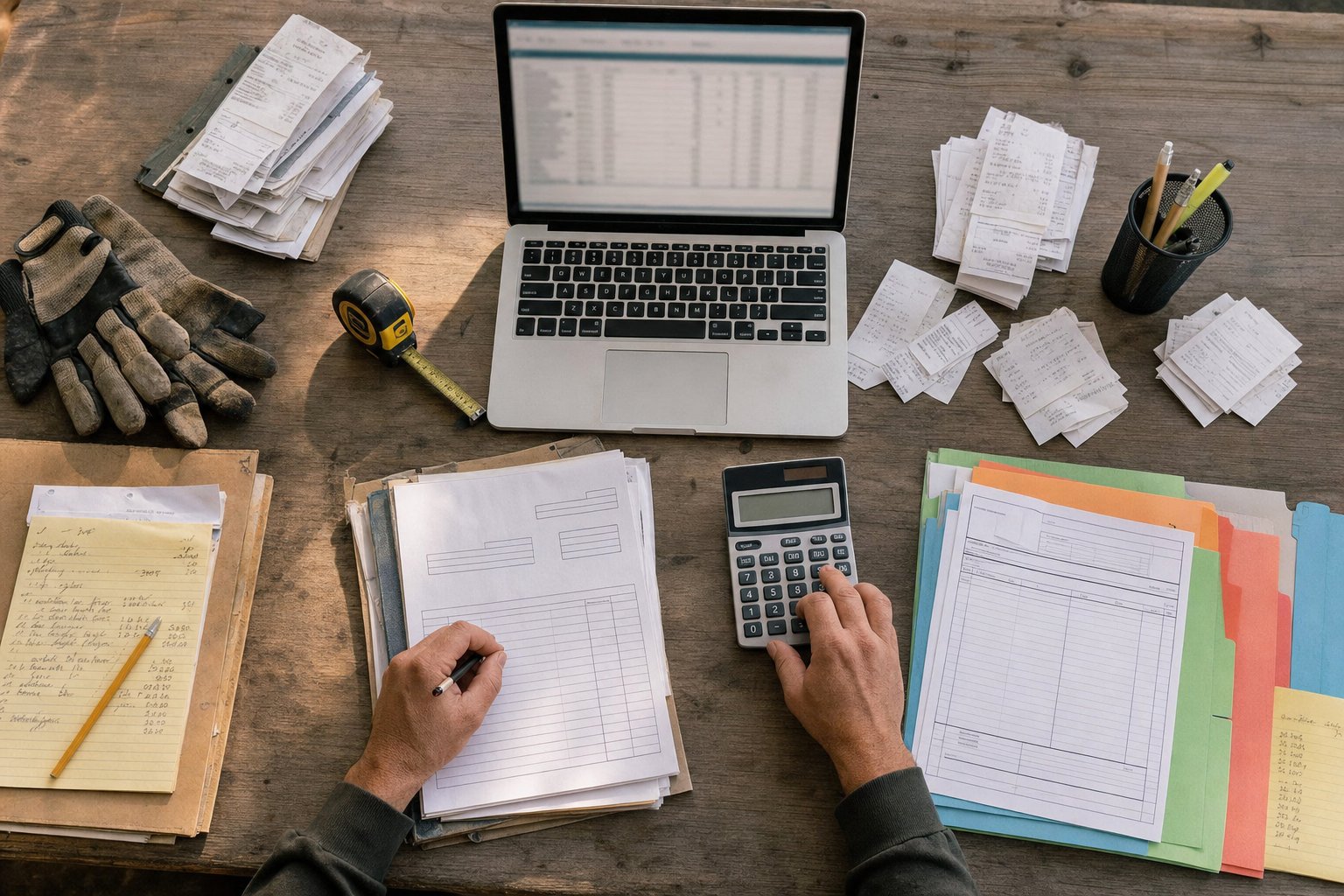 Construction receipts, cost records, calculator, work gloves, and a generic ledger reviewed during bookkeeping cleanup