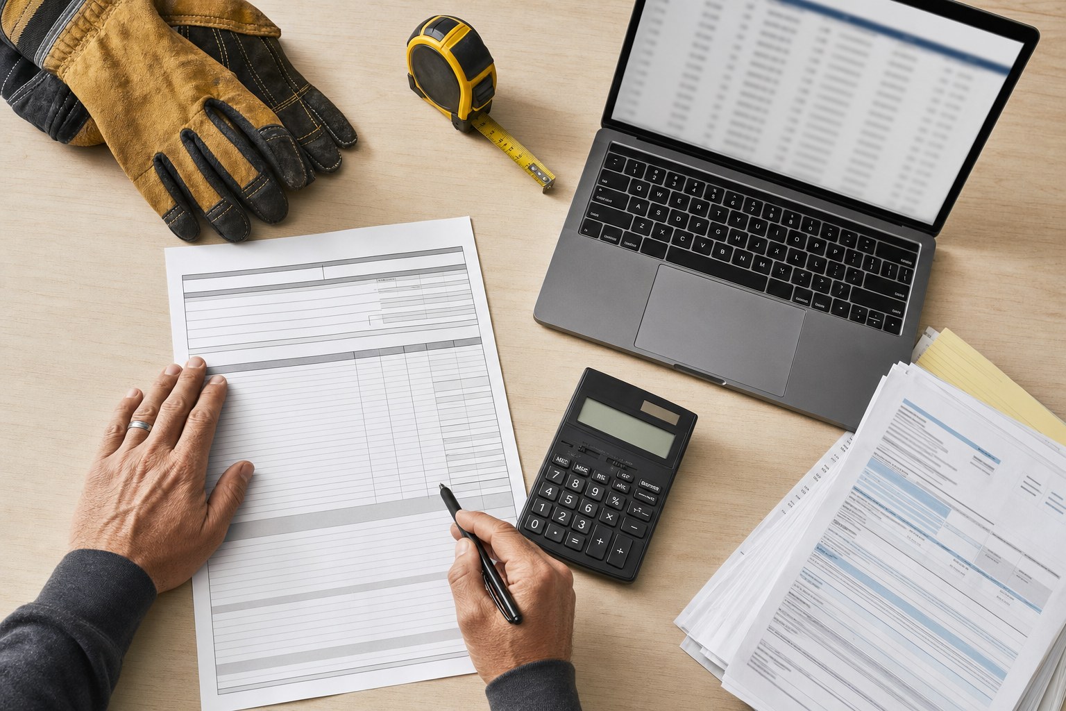 Contractor reviewing a job-costing worksheet beside a calculator, gloves, tape measure, and laptop