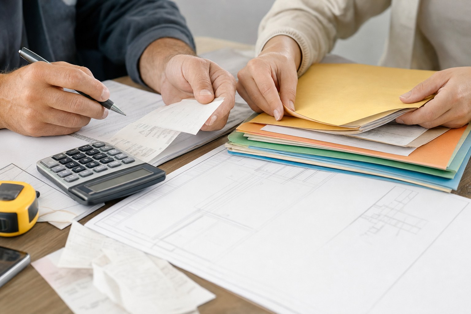Contractor and bookkeeper reviewing job-cost folders, receipts, calculator, and construction plan
