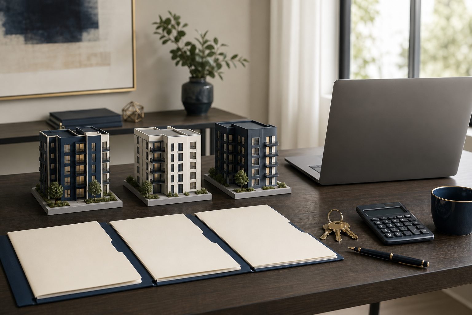 Apartment building models, property folders, keys, and a calculator illustrating real estate financial planning