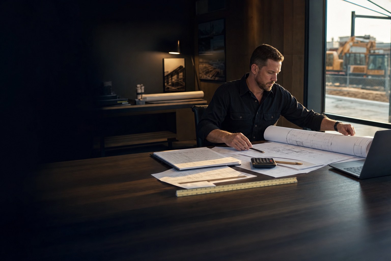 Contractor reviewing job plans and financial documents