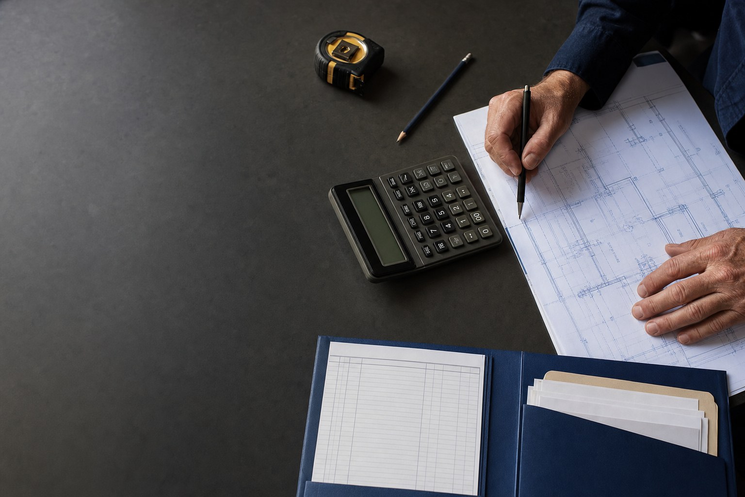 Job plans, financial documents, calculator, and measuring tape on a worktable
