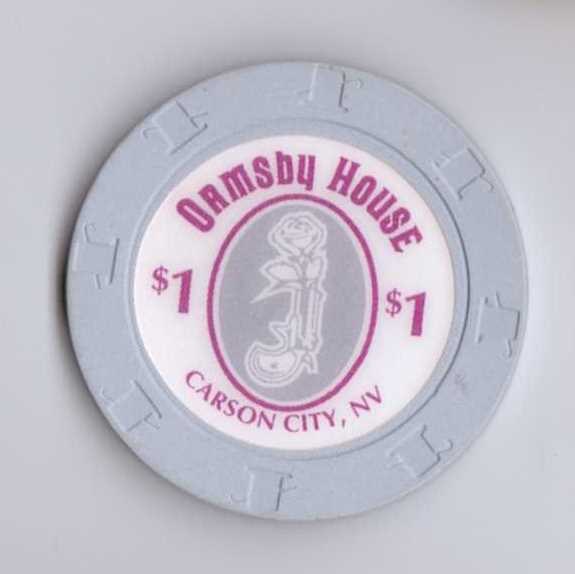 A circular casino chip from Ormsby House, Carson City, NV, featuring the denomination of $1 and a rose design in gray and pink.