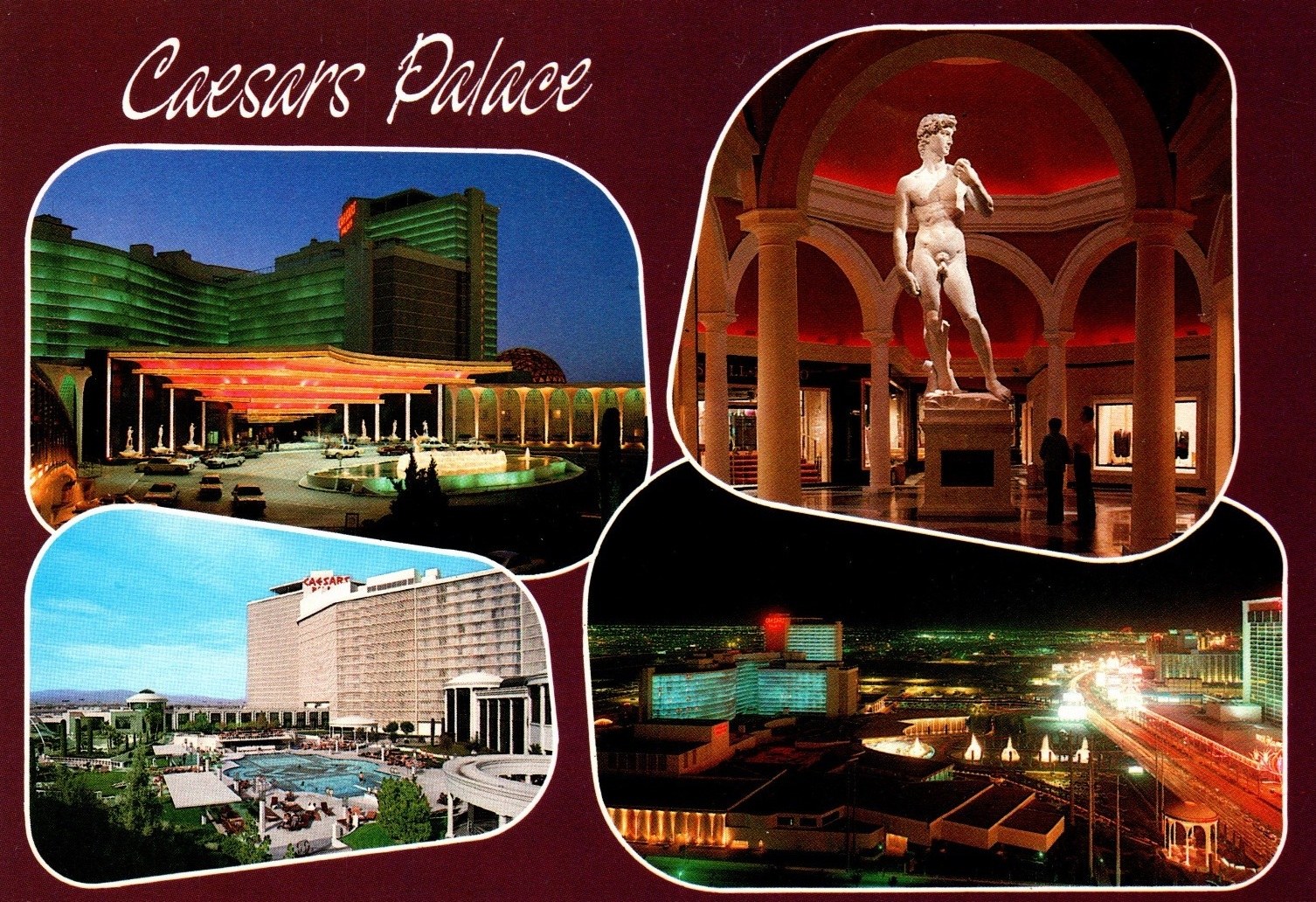 A postcard featuring Caesar's Palace in Las Vegas, showcasing the hotel exterior, a swimming pool area, the interior with a statue of David, and a nighttime view of the Las Vegas Strip.