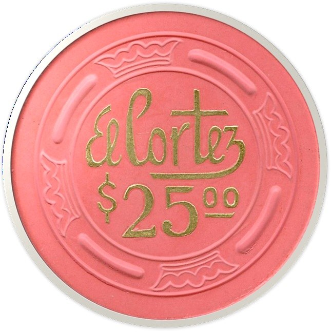 A pink casino chip featuring the text 'El Cortez' and the denomination '$25.00' in gold lettering.