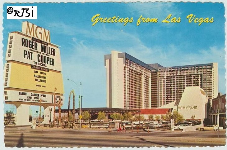 Vintage postcard featuring the MGM Grand hotel in Las Vegas with a marquee displaying performances by Roger Miller and Pat Cooper. The image has a bright blue sky and a retro design, with 'Greetings from Las Vegas' in yellow text.