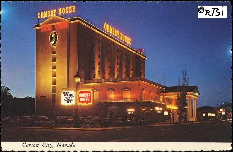 Ormsby House Hotel and Casino illuminated at night in Carson City, Nevada.