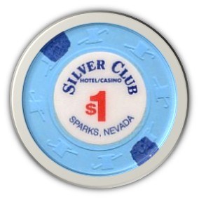 A blue casino chip from Silver Club Hotel/Casino in Sparks, Nevada, with a denomination of $1.