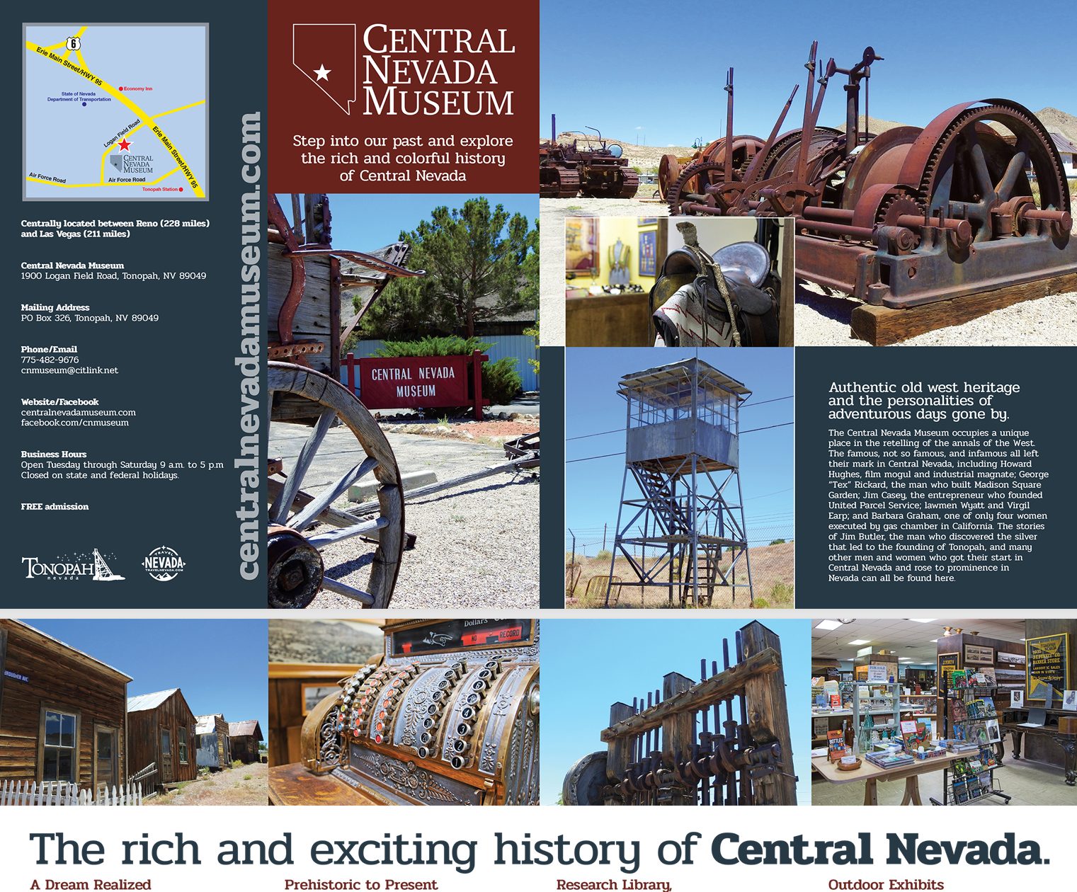 Central Nevada Museum brochure showing exhibits and historic photographs
