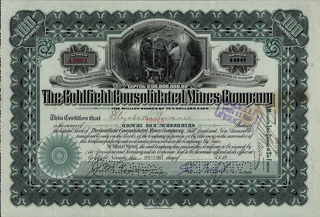 Goldfield Consolidated Mines Company stock certificate