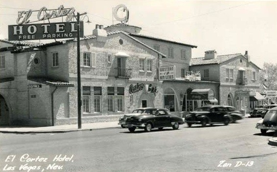 Historic El Cortez Hotel exterior in downtown Las Vegas.