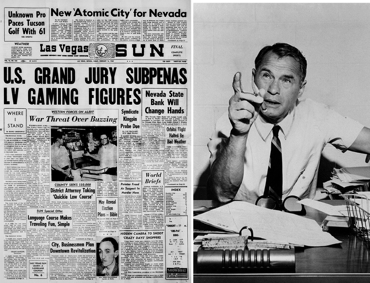 Hank Greenspun at his desk beside the Las Vegas Sun front page of February 16, 1962