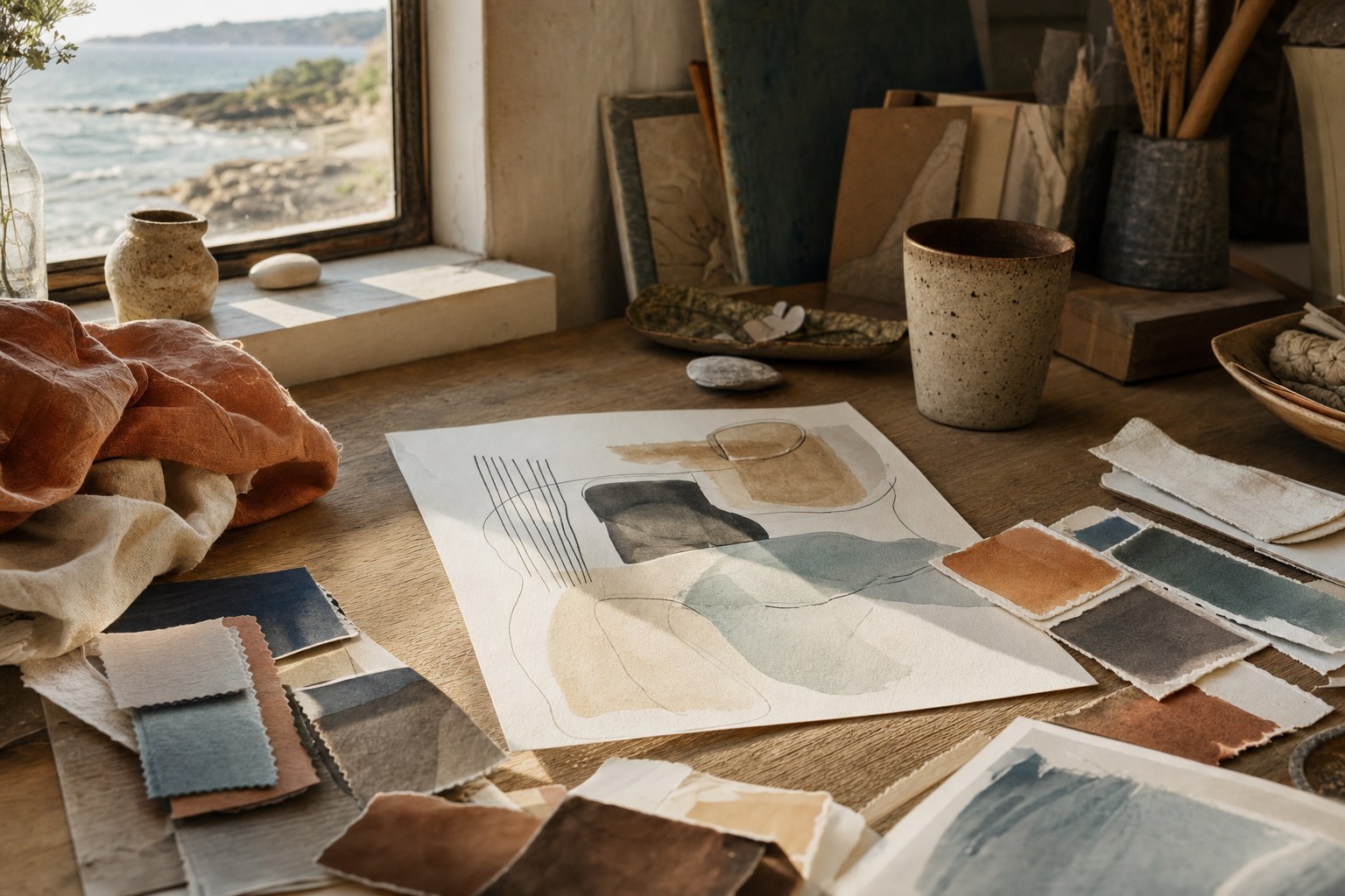 Tactile brand mood board with fabric and color studies beside a coastal window