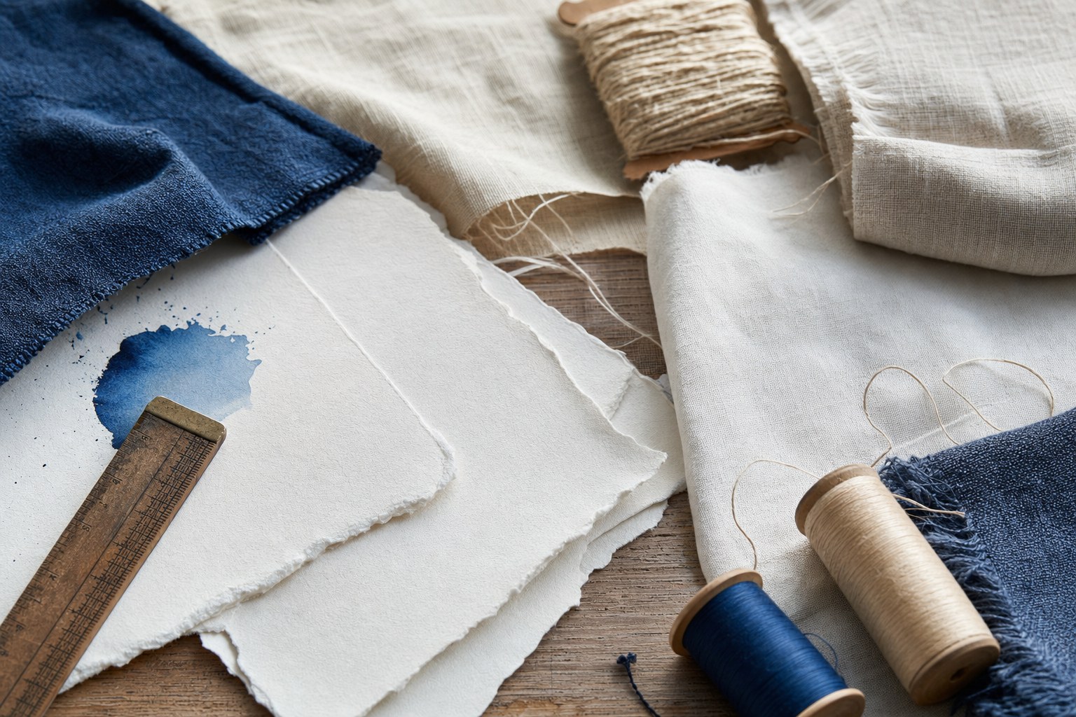 Natural fabric, hand-torn paper, thread, and blue ink on a craft table