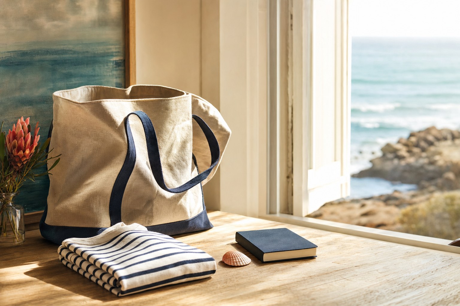 Canvas tote, striped shirt, shell, and notebook on a sunlit coastal table
