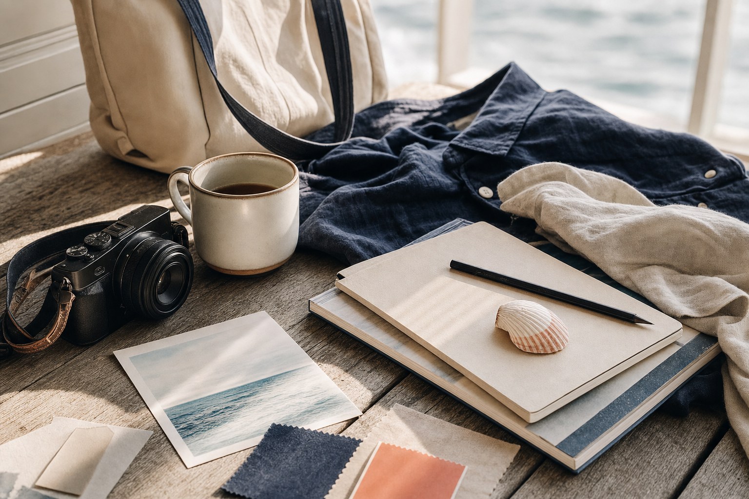 Camera, canvas tote, linen shirts, notebook, and color swatches on a sunlit coastal table