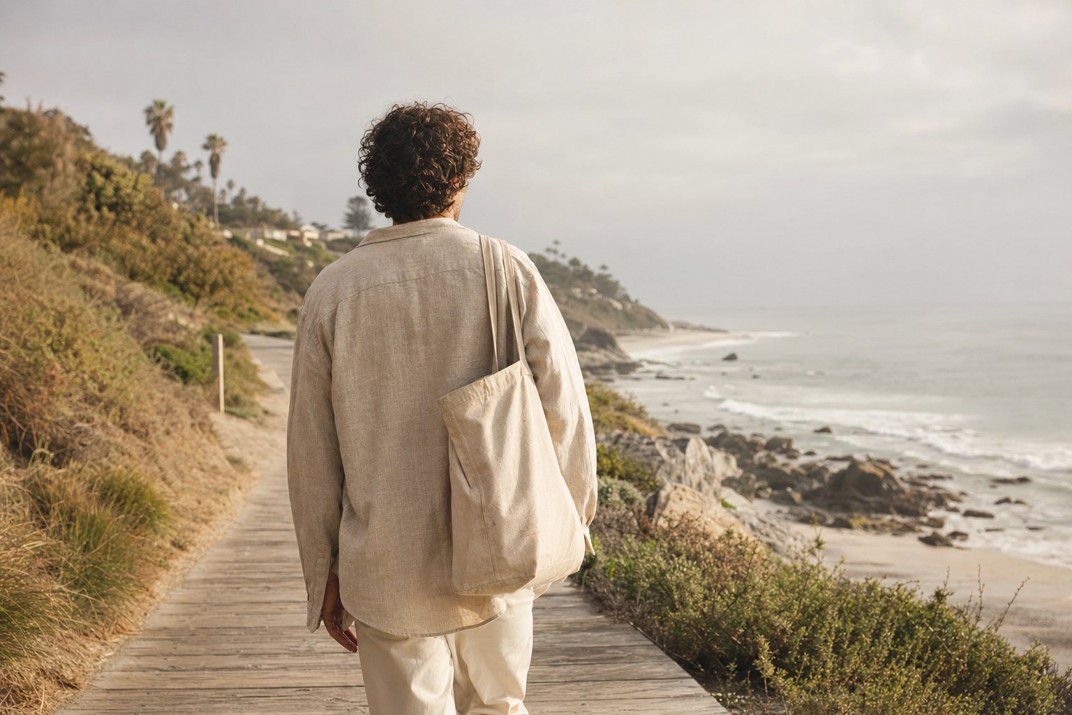 Person in a linen overshirt carrying a canvas tote along a coastal boardwalk