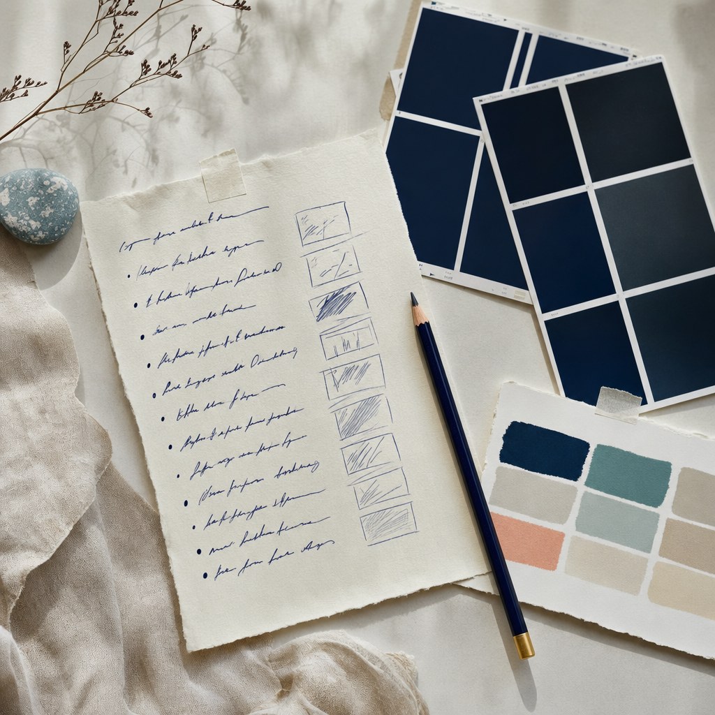 Blank contact sheets, color swatches, and planning materials arranged on an ivory desk