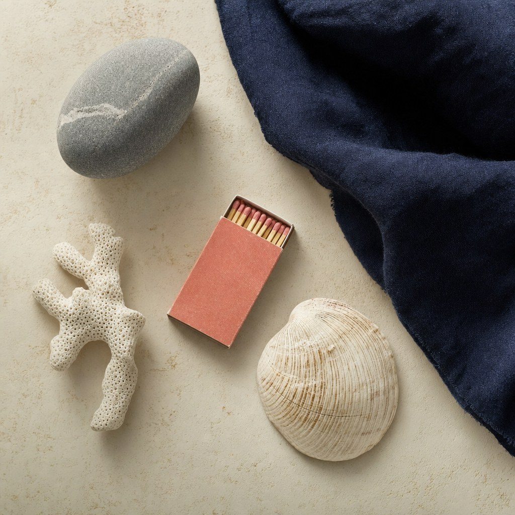 Navy fabric, coral matchbook, shell, and sea-worn stone arranged on an ivory surface
