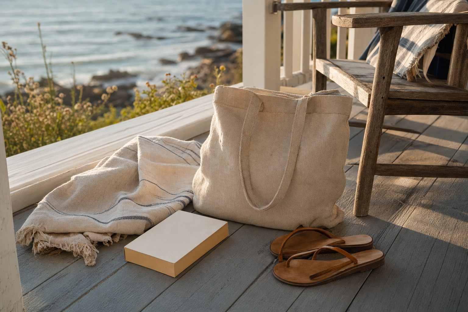 Canvas tote, linen throw, sandals, and a book on a coastal porch