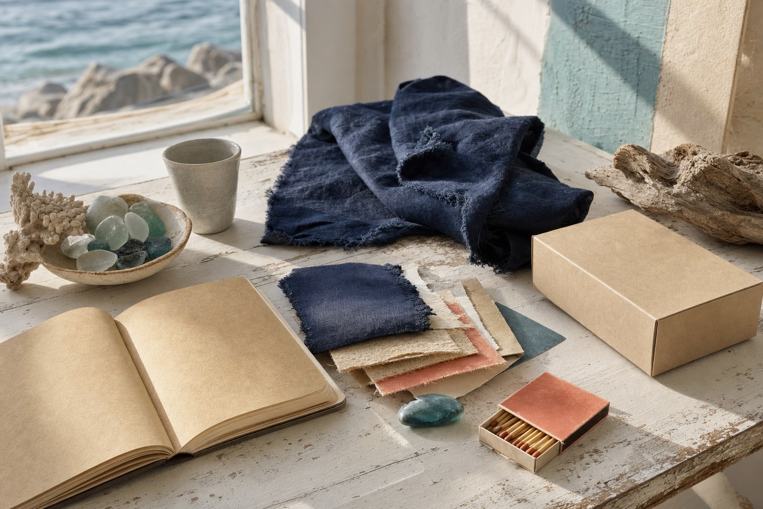 Linen swatches, sea glass, a blank product box, and an open notebook on a sunlit worktable