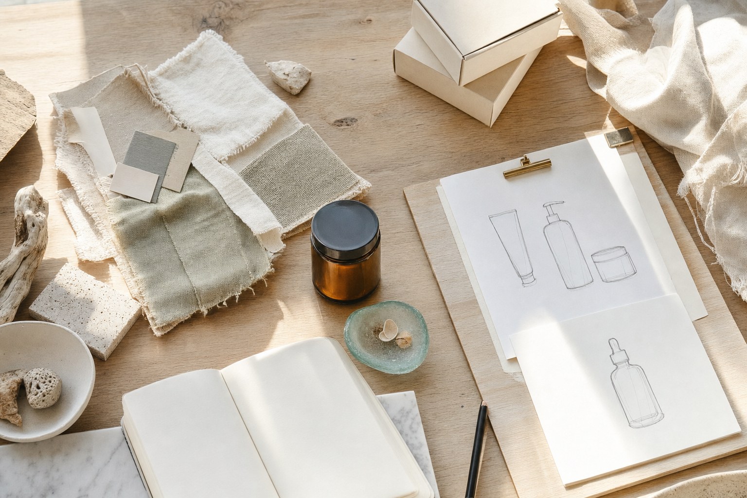 A sunlit worktable with material swatches, product sketches, an amber jar, and a blank notebook