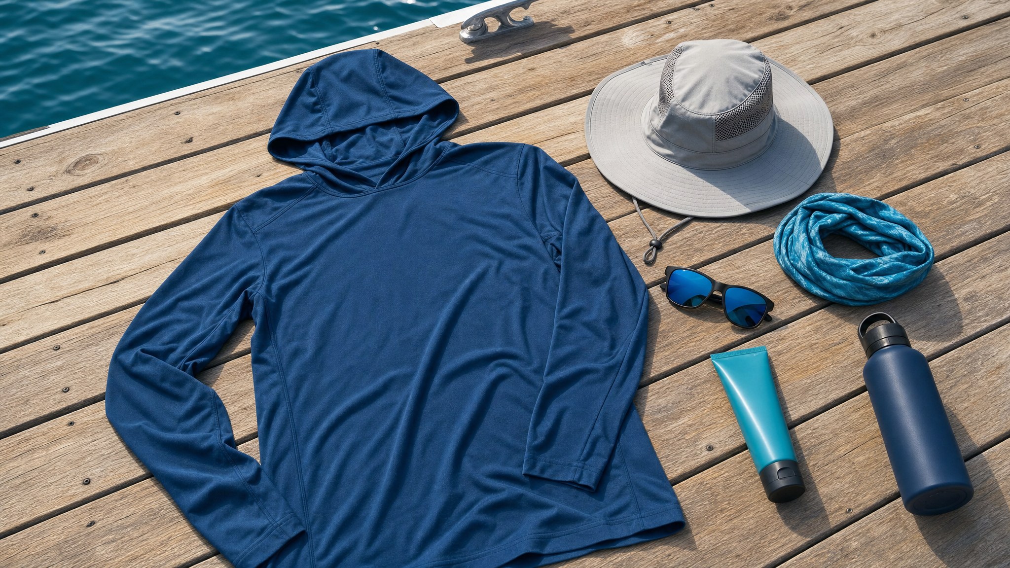 Fishing sun protection clothing arranged on a boat deck