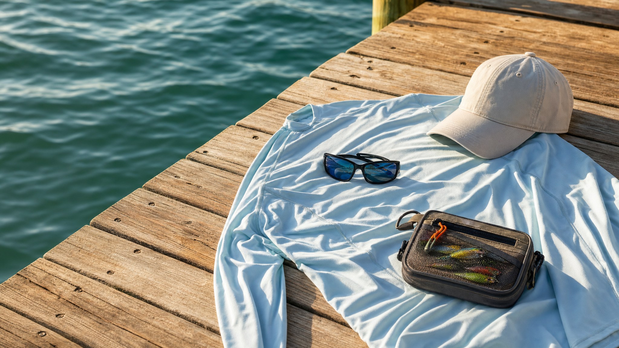 Fishing shirt and gear arranged on a dock