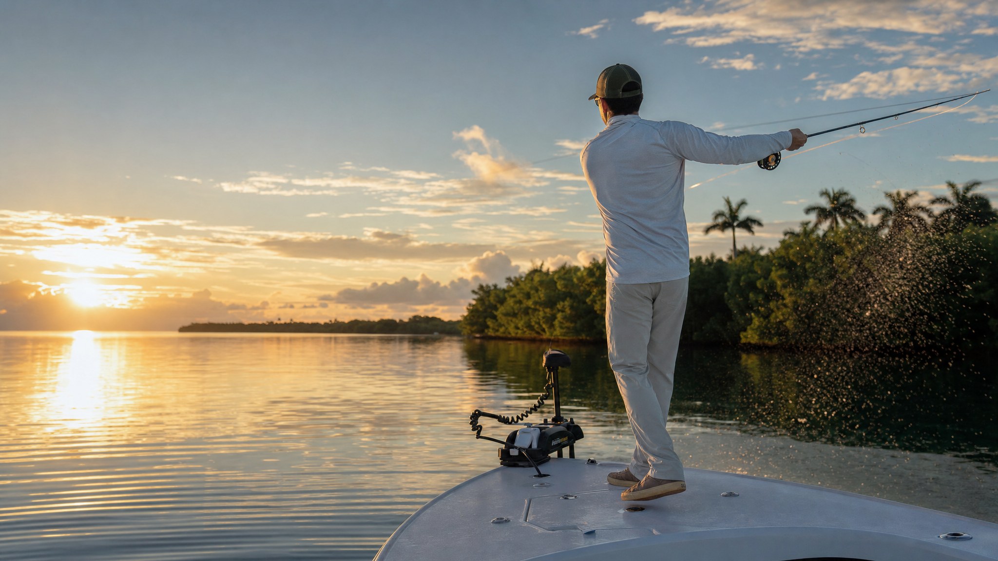 Angler casting from a skiff at sunrise in Florida waters