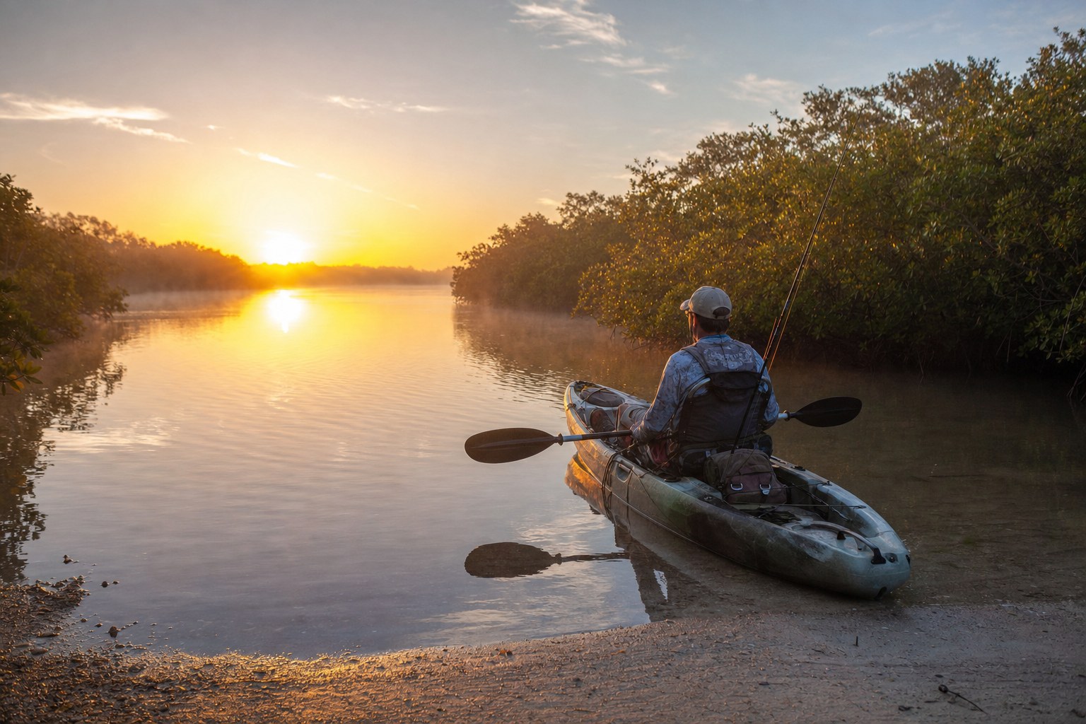 Angler in a fishing kayak at sunrise