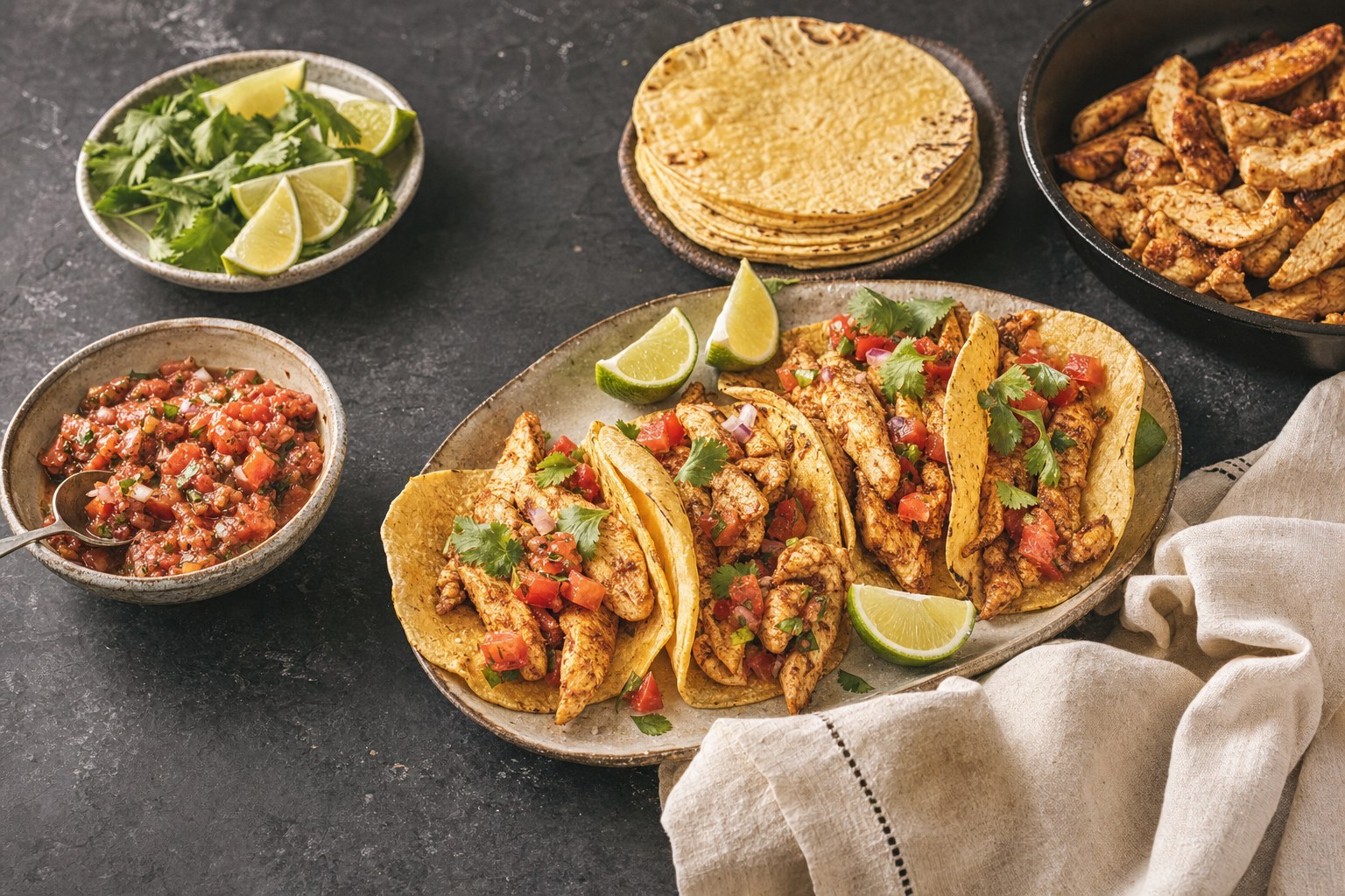 Seasoned chicken tacos with lime, salsa, and fresh toppings on a family dinner table