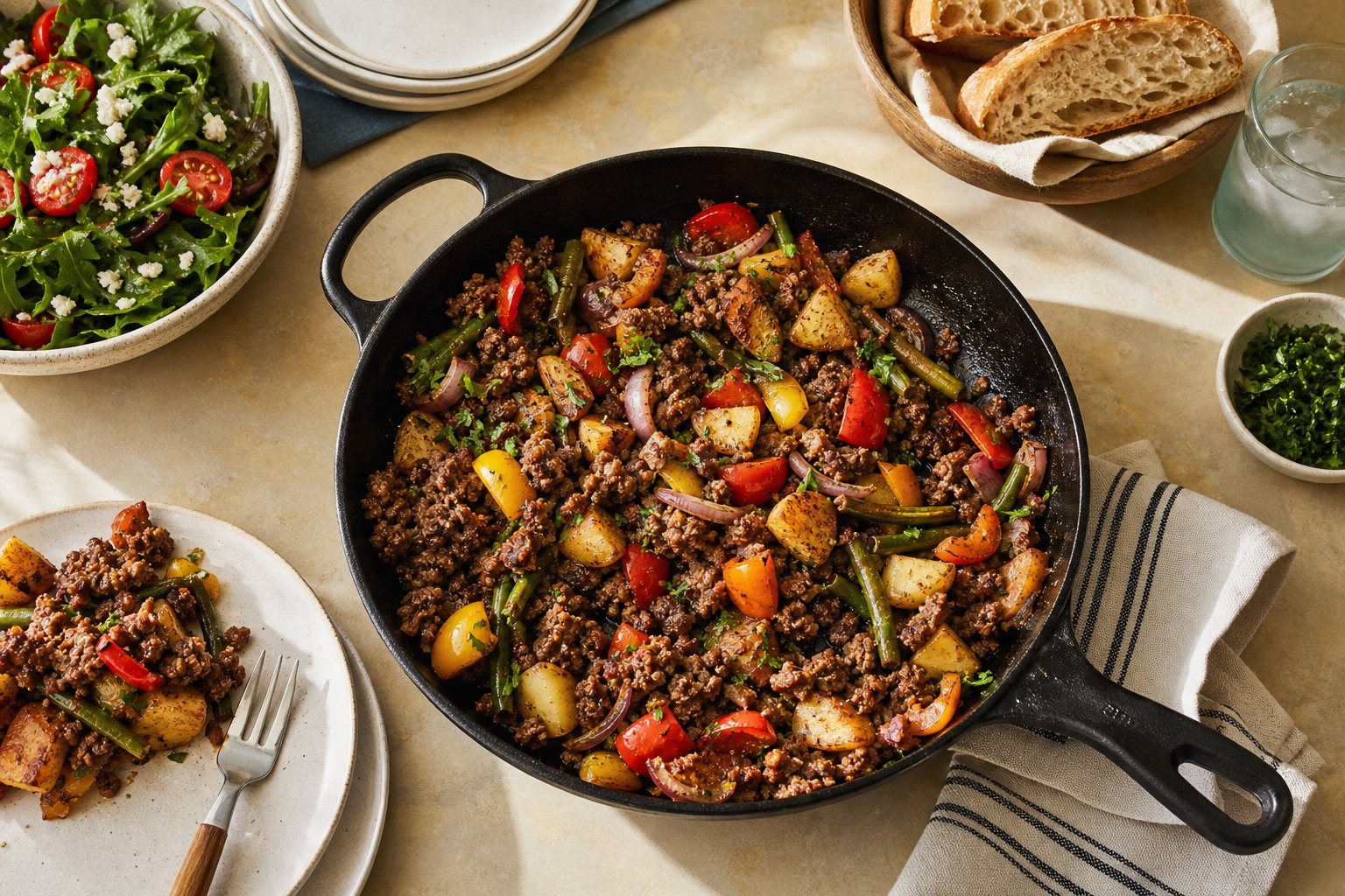 Ground beef, potatoes, and vegetables in a skillet for a family dinner