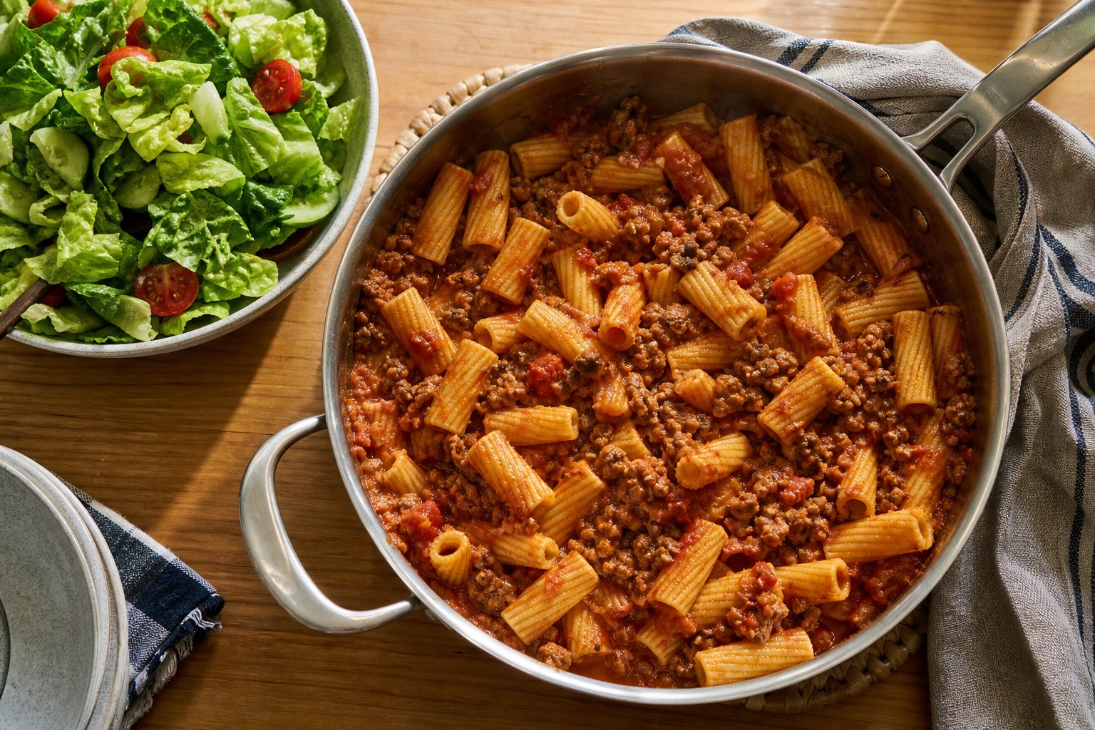 Ground beef pasta in tomato sauce beside a simple green salad