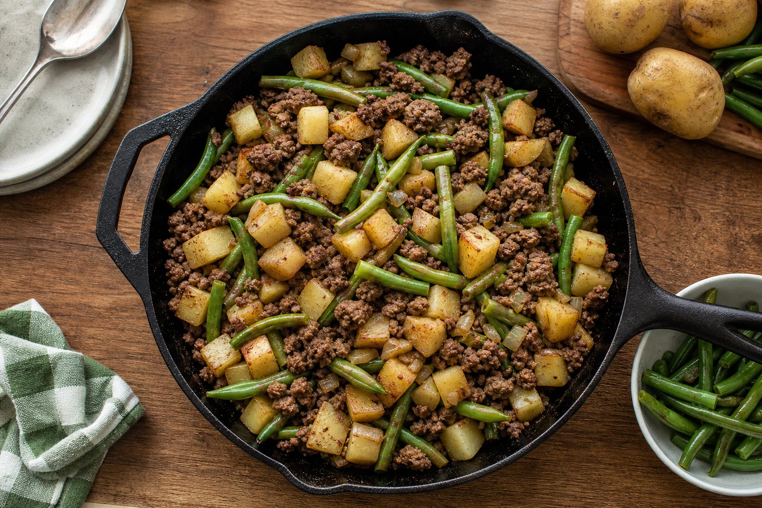 Ground beef and potato skillet with green beans for a family dinner