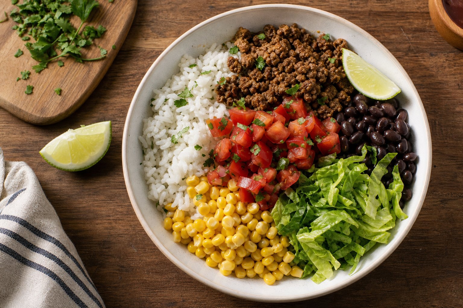 Ground beef taco bowl with rice, black beans, corn, lettuce, tomato, and lime