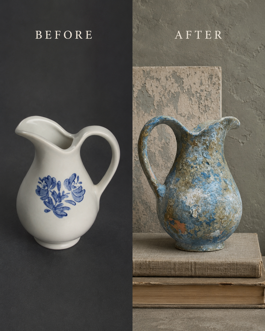 Before and after of a vintage pitcher transformed with a layered blue patina