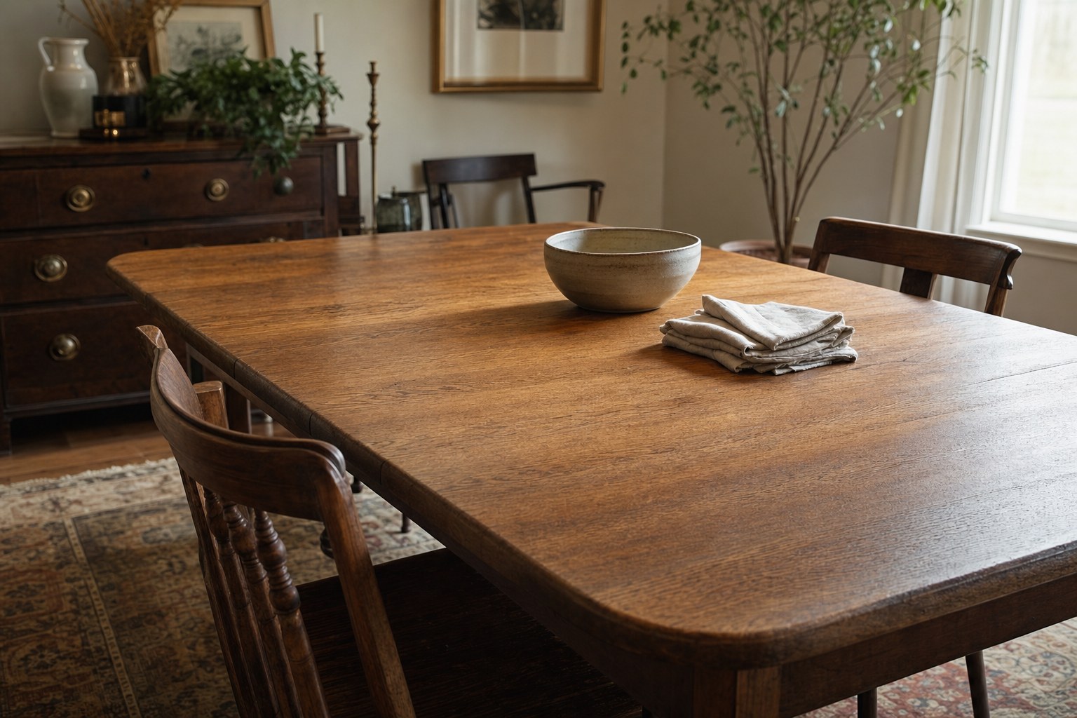 Refinished wood dining table with a soft low-lustre finish