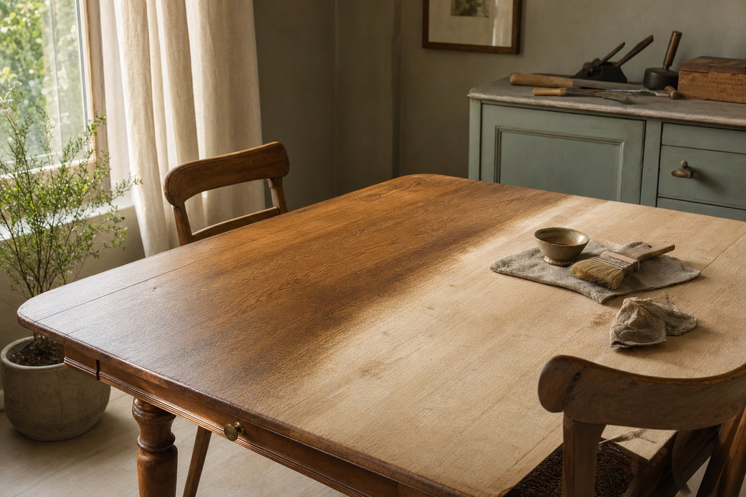 Wood dining table prepared for refinishing in a sunlit room