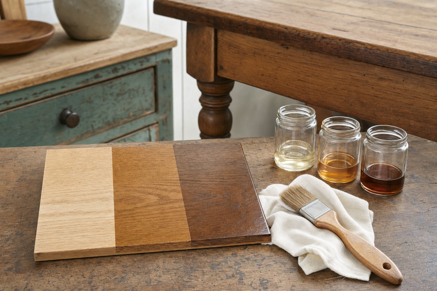 Wood finish samples beside an old dining table