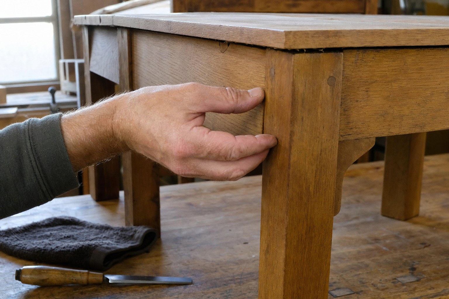 Checking the joinery beneath a solid wood dining table