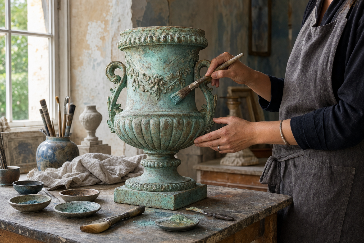 An artisan applying a green patina to an ornate decorative urn