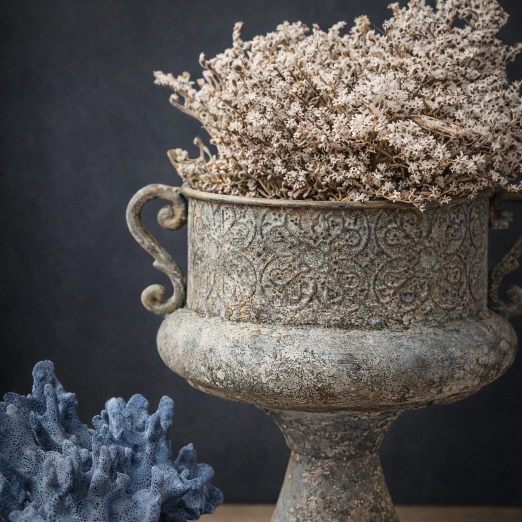 Aged Metal Urn with Scroll Handles | European Garden Style Vessel