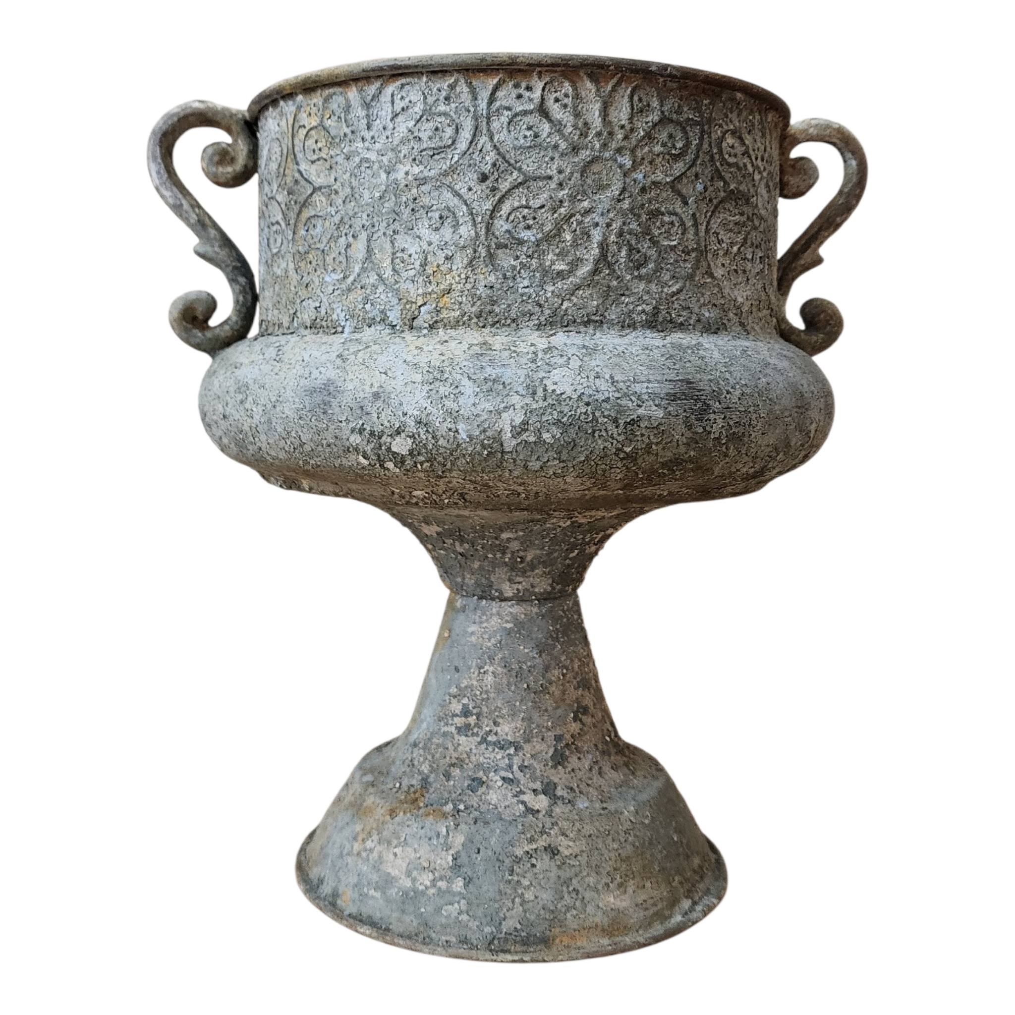 Aged Metal Urn with Scroll Handles | European Garden Style Vessel, view 3