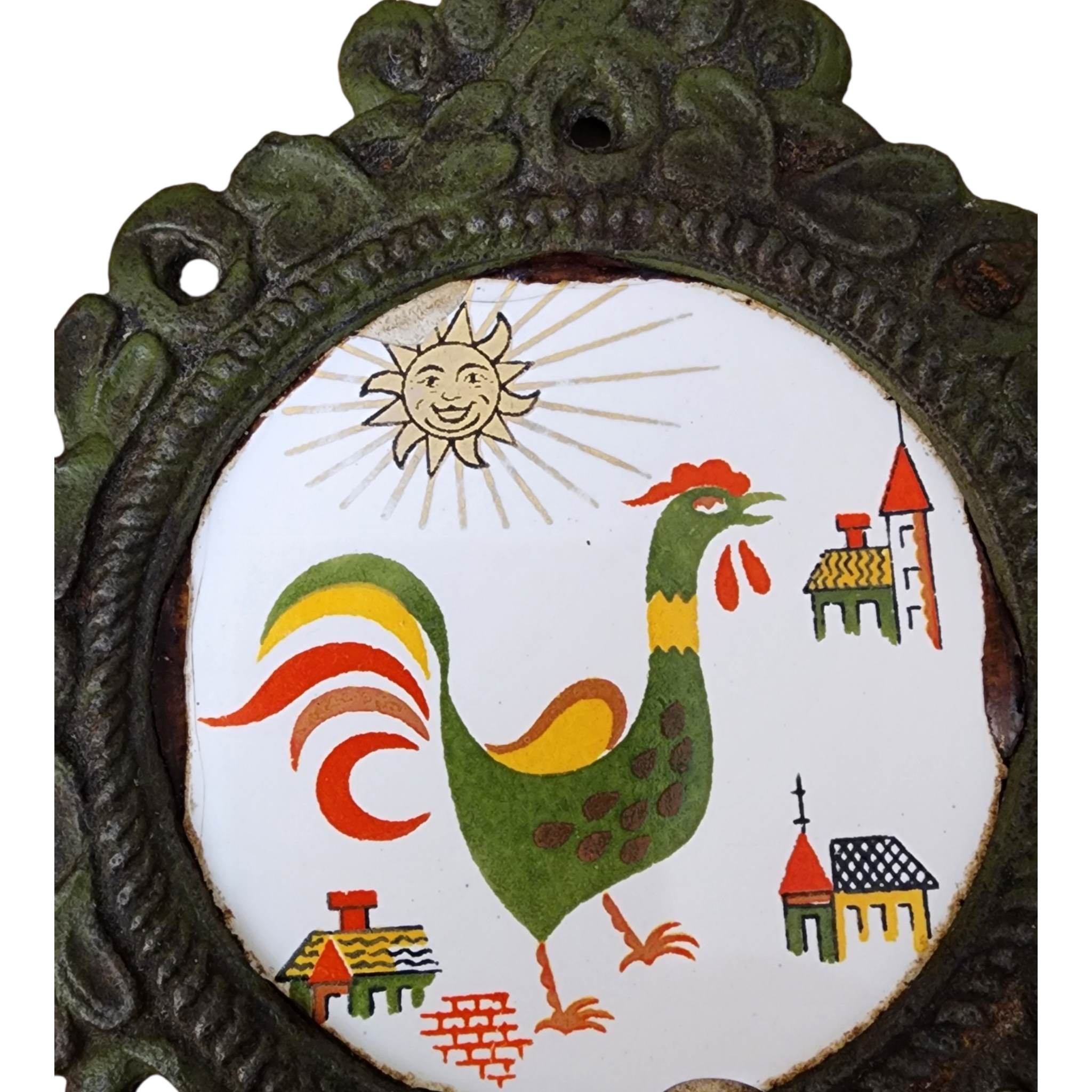 Cast Iron & Ceramic Rooster plaque, view 2