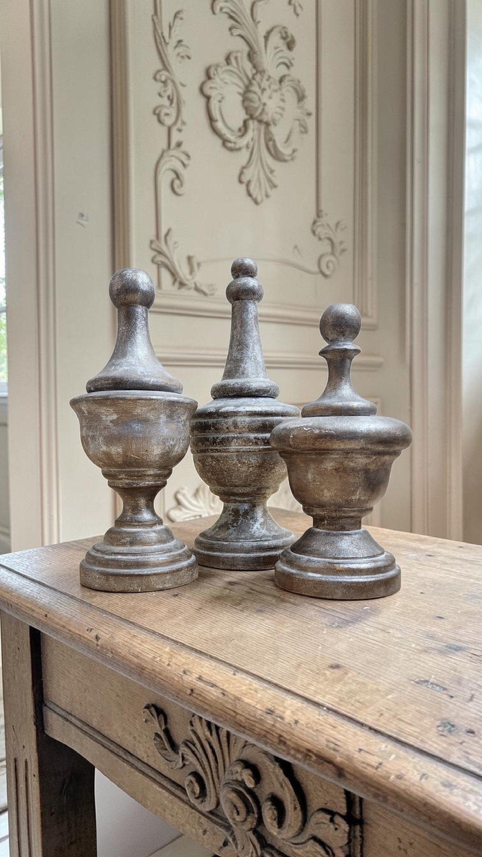 Hand-Painted Wood Finial Set (3) | Aged Metal Finish with Mica Glaze