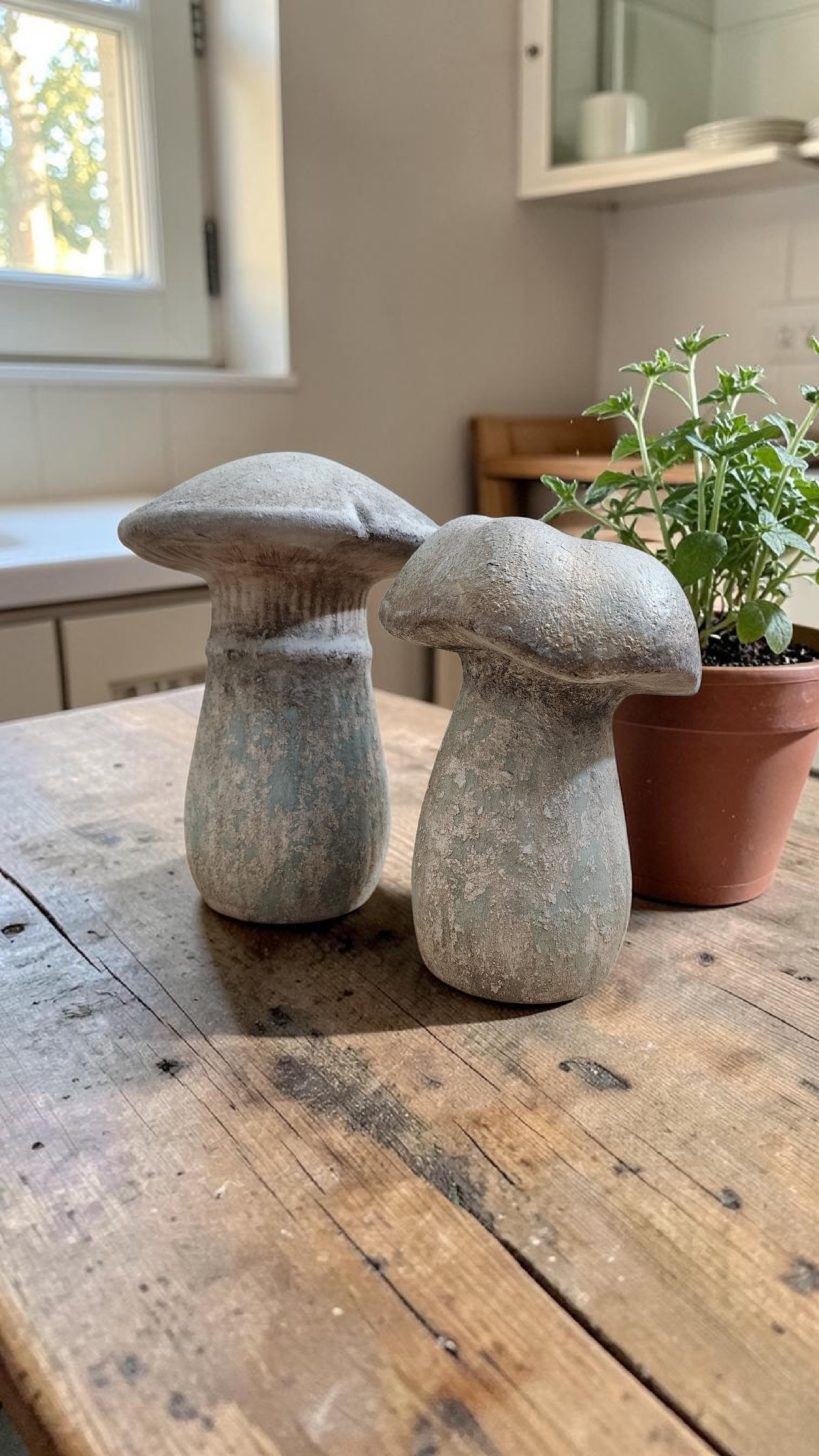 Large Sculptural Ceramic Mushroom Objects | Aged Mineral Patina Finish (Set of 2)