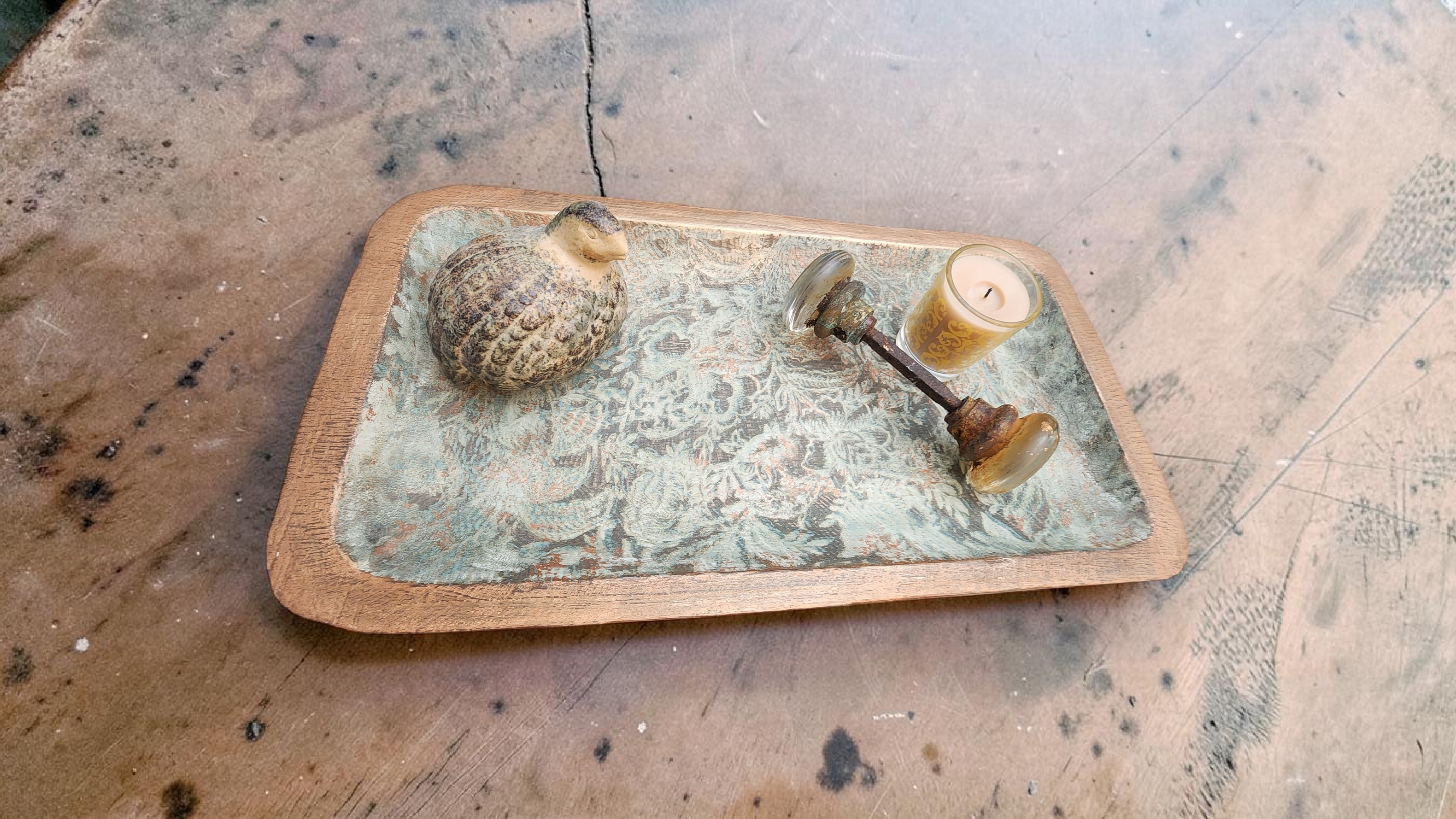 Handpainted Wooden Dough Bowl | Aged Copper & Moss Patina Finish | One-of-a-Kind Decorative Tray