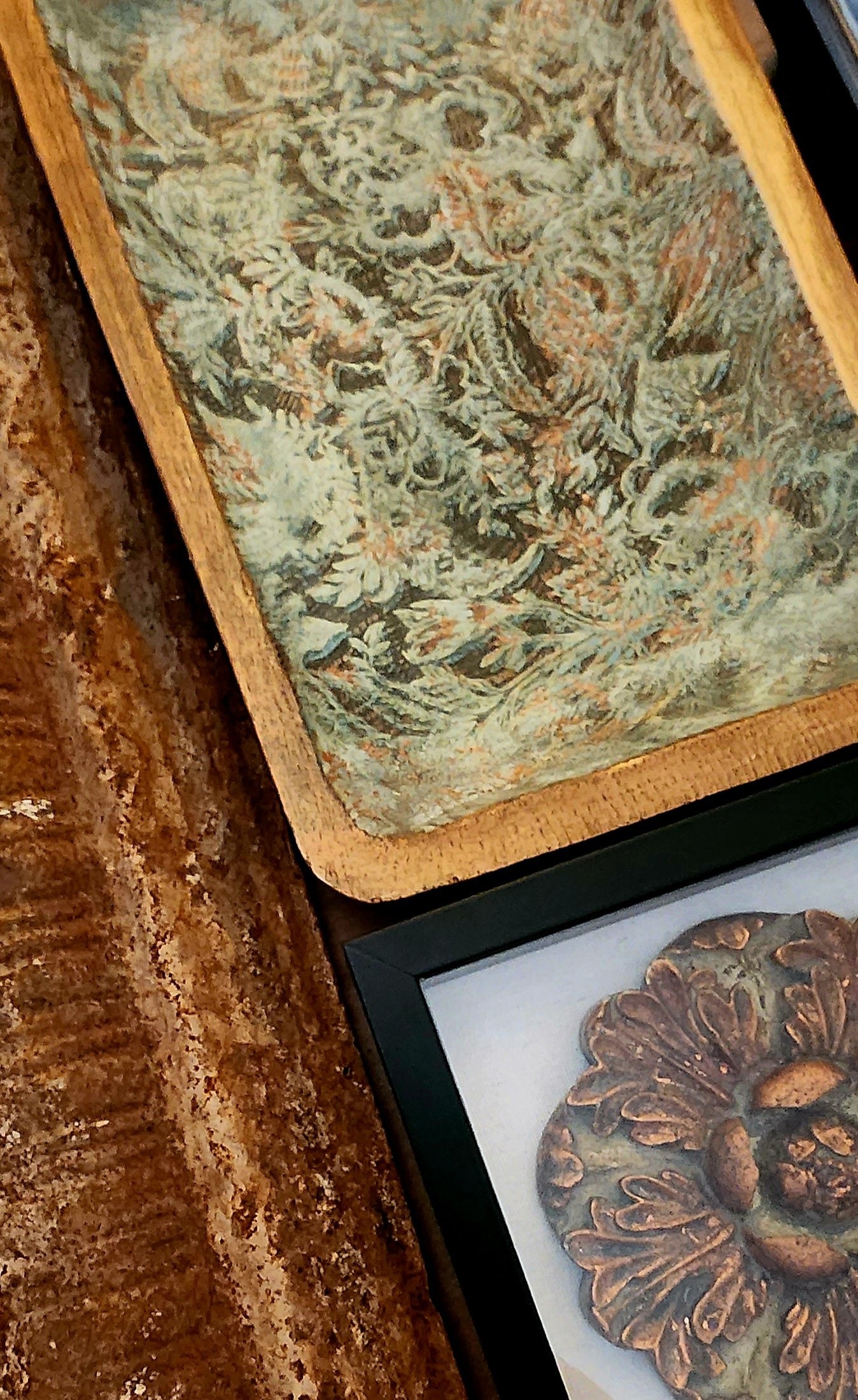 Handpainted Wooden Dough Bowl | Aged Copper & Moss Patina Finish | One-of-a-Kind Decorative Tray, view 3