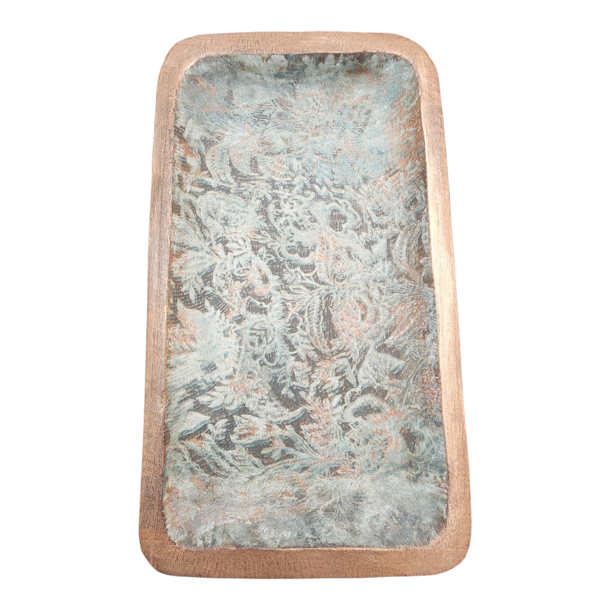 Handpainted Wooden Dough Bowl | Aged Copper & Moss Patina Finish | One-of-a-Kind Decorative Tray, view 6