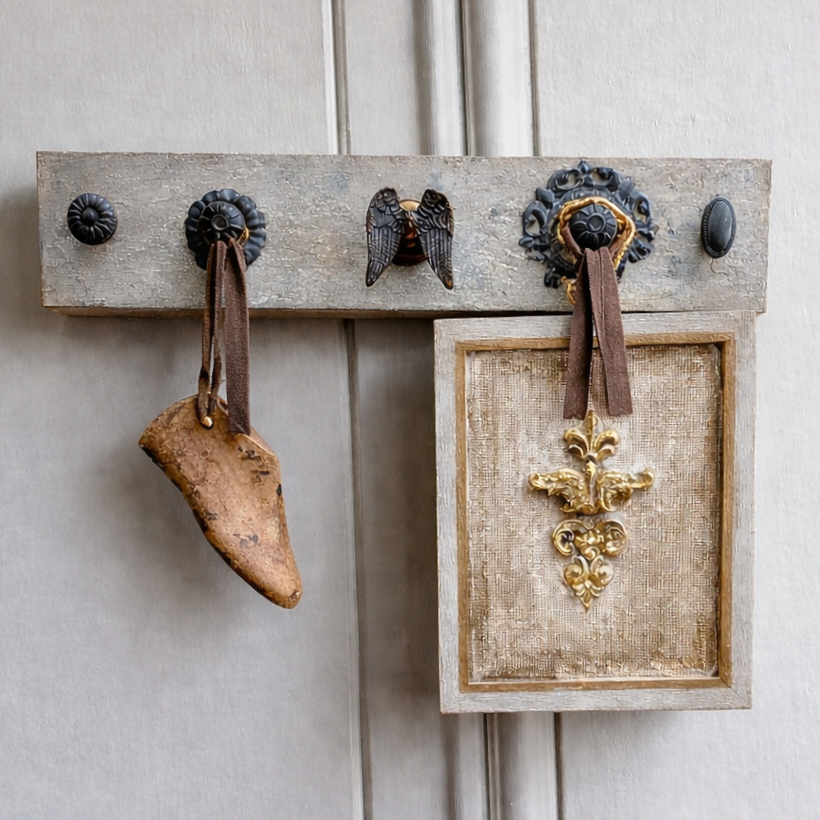 Architectural Hook Rail with Vintage Hardware – Weathered Limewash Finish Wall Rack